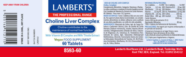 Choline Liver Complex Lamberts 60 tabletas detalle de la etiqueta Choline Liver Complex Lamberts 60 tabletas detalle de la etiqueta