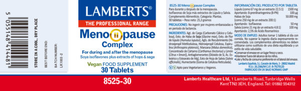Menopause Complex Lamberts 30 tabletas detalle de la etiqueta