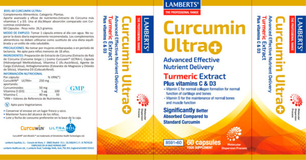 Curcumin Ultra+ Lamberts con vitaminas C y D3 60 cápsulas detalle de la etiqueta Curcumin Ultra+ Lamberts con vitaminas C y D3 60 cápsulas detalle de la etiqueta