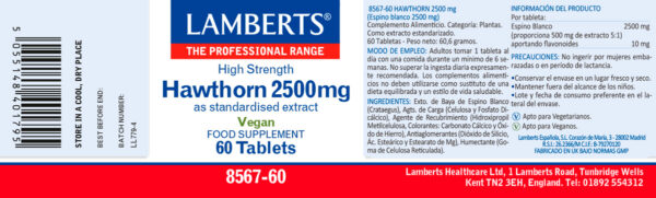 Espino blanco 2500 mg Lamberts 60 tabletas detalle de la etiqueta