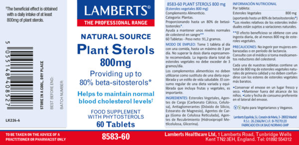 Esteroles vegetales Lamberts 800 mg 60 tabletas detalle de la etiqueta Esteroles vegetales Lamberts 800 mg 60 tabletas detalle de la etiqueta
