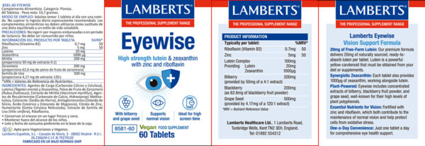 Eyewise Lamberts 20 mg luteína 60 tabletas detalle de la etiqueta
