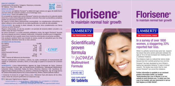 Florisene Lamberts con hierro y biotina 90 tabletas detalle de la etiqueta