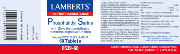 Fosfatidilserina Lamberts 100 mg con zinc 60 tabletas detalle de la etiqueta Fosfatidilserina Lamberts 100 mg con zinc 60 tabletas detalle de la etiqueta