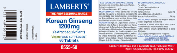 Ginseng coreano 1200 mg Lamberts 60 tabletas detalle de la etiqueta Ginseng coreano 1200 mg Lamberts 60 tabletas detalle de la etiqueta