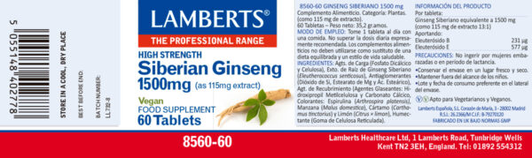 Ginseng siberiano Lamberts 1500 mg 60 tabletas detalle de la etiqueta Ginseng siberiano Lamberts 1500 mg 60 tabletas detalle de la etiqueta