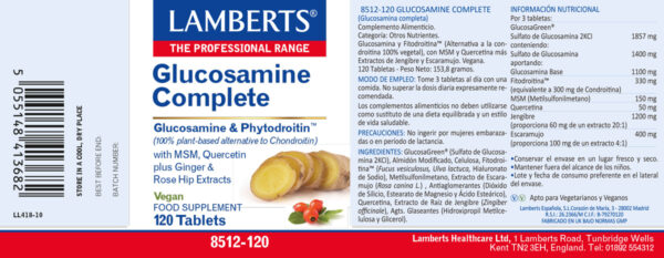 Glucosamina Completa Lamberts 120 tabletas detalle de la etiqueta