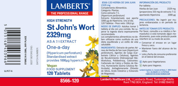 Hipérico Lamberts 333 mg de extracto 120 tabletas detalle de la etiqueta Hipérico Lamberts 333 mg de extracto 120 tabletas detalle de la etiqueta