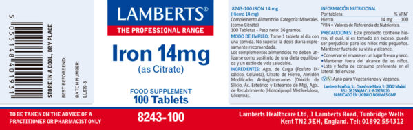 Hierro Lamberts 14 mg como citrato 100 tabletas detalle de la etiqueta