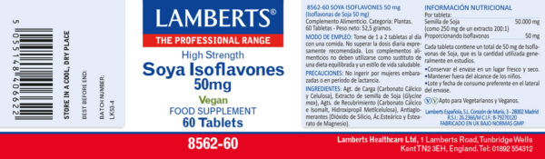 Isoflavonas de soja Lamberts 50 mg 60 tabletas detalle de la etiqueta