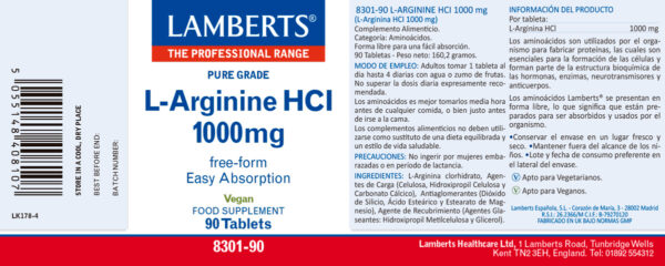 L-Arginina Lamberts 1000 mg 90 tabletas detalle de la etiqueta L-Arginina Lamberts 1000 mg 90 tabletas detalle de la etiqueta