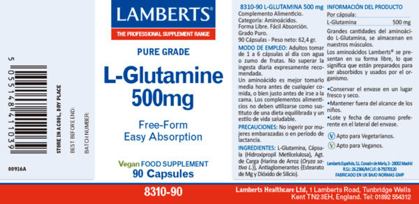 L-Glutamina 500 mg Lamberts 90 cápsulas L-Glutamina 500 mg Lamberts 90 cápsulas