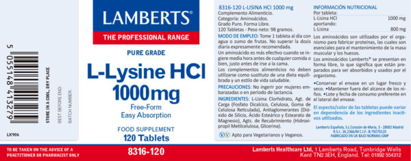 L-Lisina HCl Lamberts 120 tabletas detalle de la etiqueta