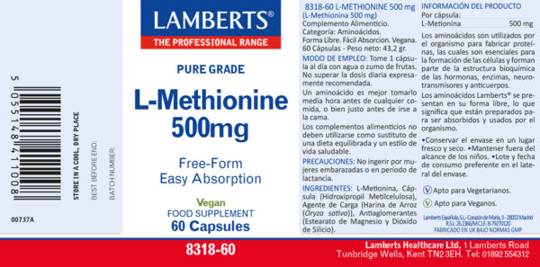 L-Metionina Lamberts 500 mg 60 cápsulas detalle de la etiqueta L-Metionina Lamberts 500 mg 60 cápsulas detalle de la etiqueta