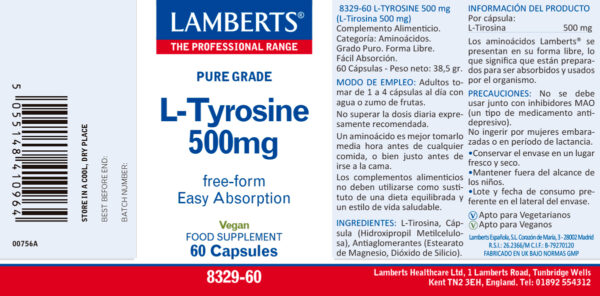 L-Tirosina Lamberts 500 mg 60 cápsulas detalle de la etiqueta
