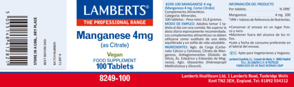 Citrato de manganeso Lamberts, 4 mg de manganeso por tableta, 100 tabletas detalle de la etiqueta