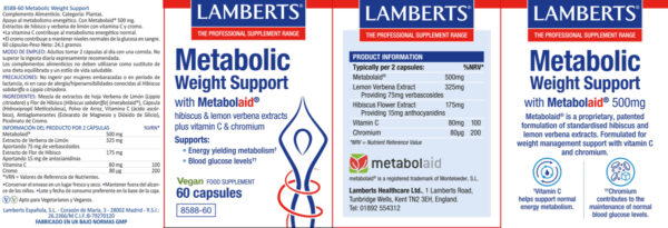 Metabolic Weight Support Lamberts 60 cápsulas detalle de la etiqueta