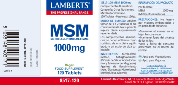 MSM 1.000 mg Lamberts – 120 tabletas detalle de la etiqueta