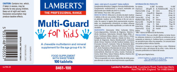 Multi-Guard for Kids Lamberts 100 tabletas masticables detalle de la etiqueta
