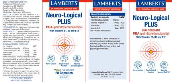 Neuro-Logical Plus Lamberts 400 mg PEA 60 cápsulas detalle de la etiqueta