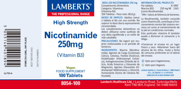 Niacina Lamberts 250 mg como nicotinamida 100 tabletas detalle de la etiqueta