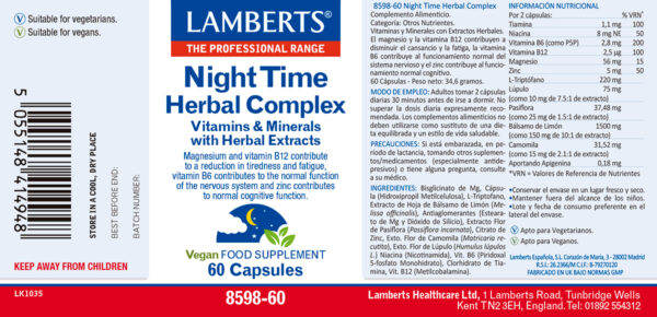 Night Time Herbal Complex Lamberts 60 cápsulas detalle de la etiqueta