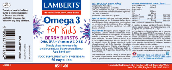 Omega 3 para niños Lamberts 60 cápsulas masticables detalle de la etiqueta Omega 3 para niños Lamberts 60 cápsulas masticables detalle de la etiqueta
