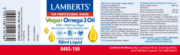 Omega 3 vegano líquido Lamberts 150 ml detalle de la etiqueta