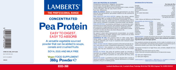 Proteína de guisante Lamberts 360 g detalle de la etiqueta