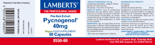 Pycnogenol Lamberts 40 mg 60 cápsulas detalle de la etiqueta Pycnogenol Lamberts 40 mg 60 cápsulas detalle de la etiqueta