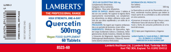 Quercetina 500 mg Lamberts 60 tabletas detalle de la etiqueta Quercetina 500 mg Lamberts 60 tabletas detalle de la etiqueta