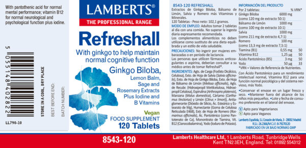 Refreshall Lamberts con ginkgo y vitaminas B 120 tabletas detalle de la etiqueta