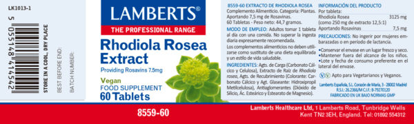 Rhodiola rosea 3125 mg Lamberts 60 tabletas detalle de la etiqueta