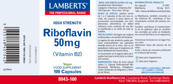 Vitamina B2 Riboflavina 50 mg Lamberts 100 cápsulas detalle de la etiqueta Vitamina B2 Riboflavina 50 mg Lamberts 100 cápsulas detalle de la etiqueta