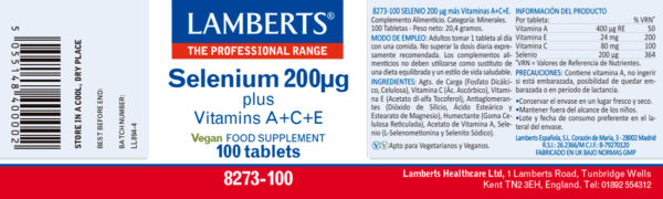Selenio Lamberts 200 mcg con vitaminas A, C y E 100 tabletas detalle de la etiqueta