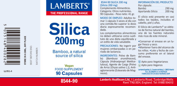 Silicio Lamberts 90 cápsulas detalle de la etiqueta Silicio Lamberts 90 cápsulas detalle de la etiqueta