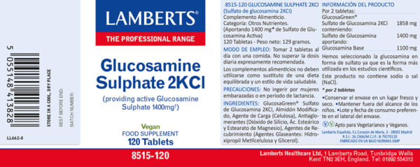 Glucosamina vegana Lamberts 120 tabletas detalle de la etiqueta
