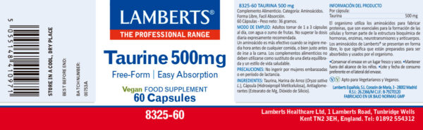 Taurina Lamberts 500 mg 60 cápsulas detalle de la etiqueta