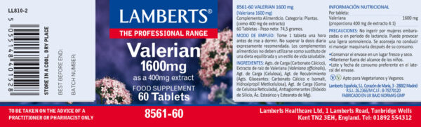 Valeriana Lamberts 1600 mg 60 tabletas detalle de la etiqueta Valeriana Lamberts 1600 mg 60 tabletas detalle de la etiqueta
