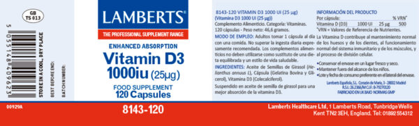 Vitamina D3 1000 UI Lamberts 120 cápsulas detalle de la etiqueta