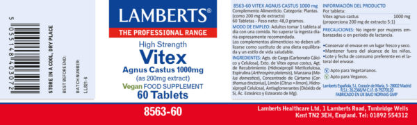 Vitex Agnus Castus 1000 mg Lamberts 60 tabletas detalle de la etiqueta