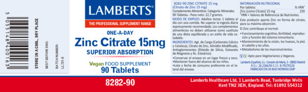 Citrato de zinc Lamberts, 15 mg de zinc por tableta, 90 tabletas detalle de la etiqueta Citrato de zinc Lamberts, 15 mg de zinc por tableta, 90 tabletas detalle de la etiqueta