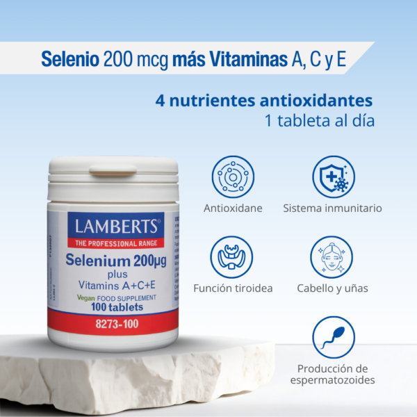 Selenio Lamberts 200 mcg con vitaminas A, C y E 100 tabletas detalle 3