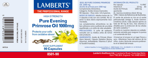 Aceite de onagra 1000 mg Lamberts 90 cápsulas detalle de la etiqueta Aceite de onagra 1000 mg Lamberts 90 cápsulas detalle de la etiqueta