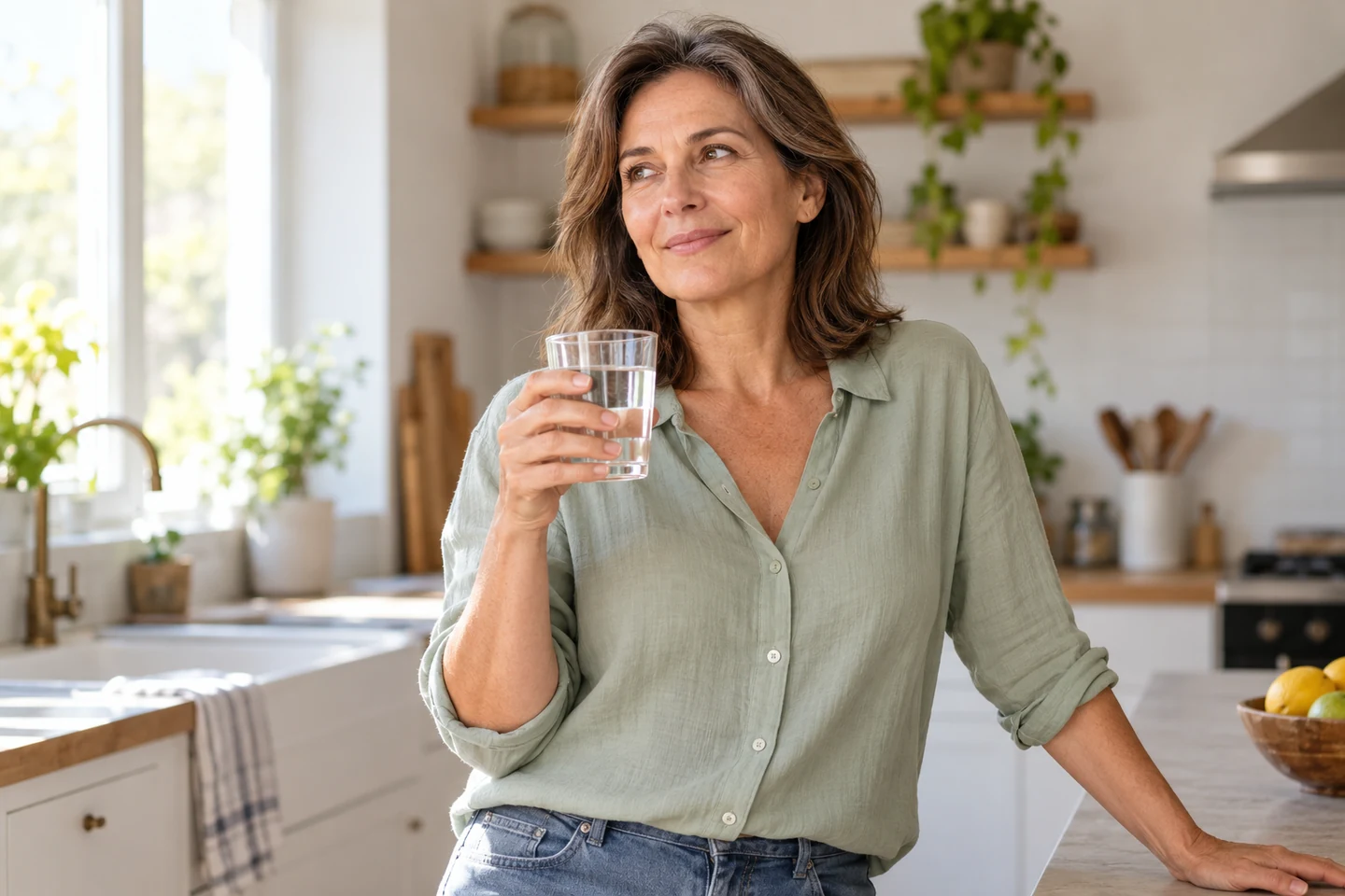 Mujer de mediana edad con un vaso de agua en una cocina luminosa
