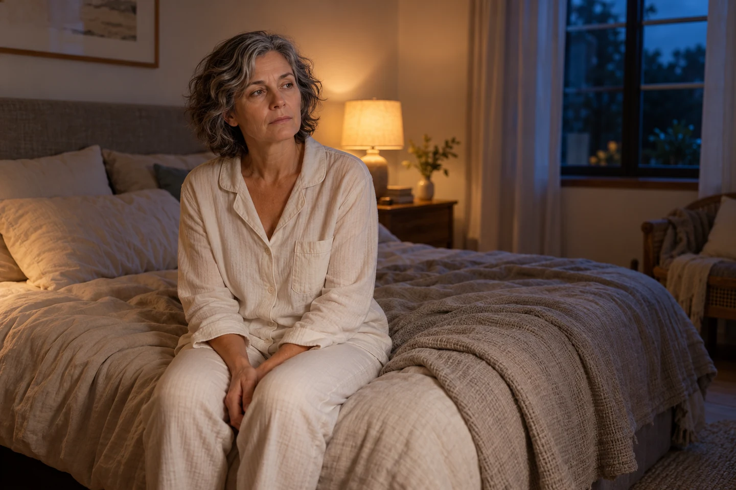 Mujer de mediana edad sentada en la cama durante la noche